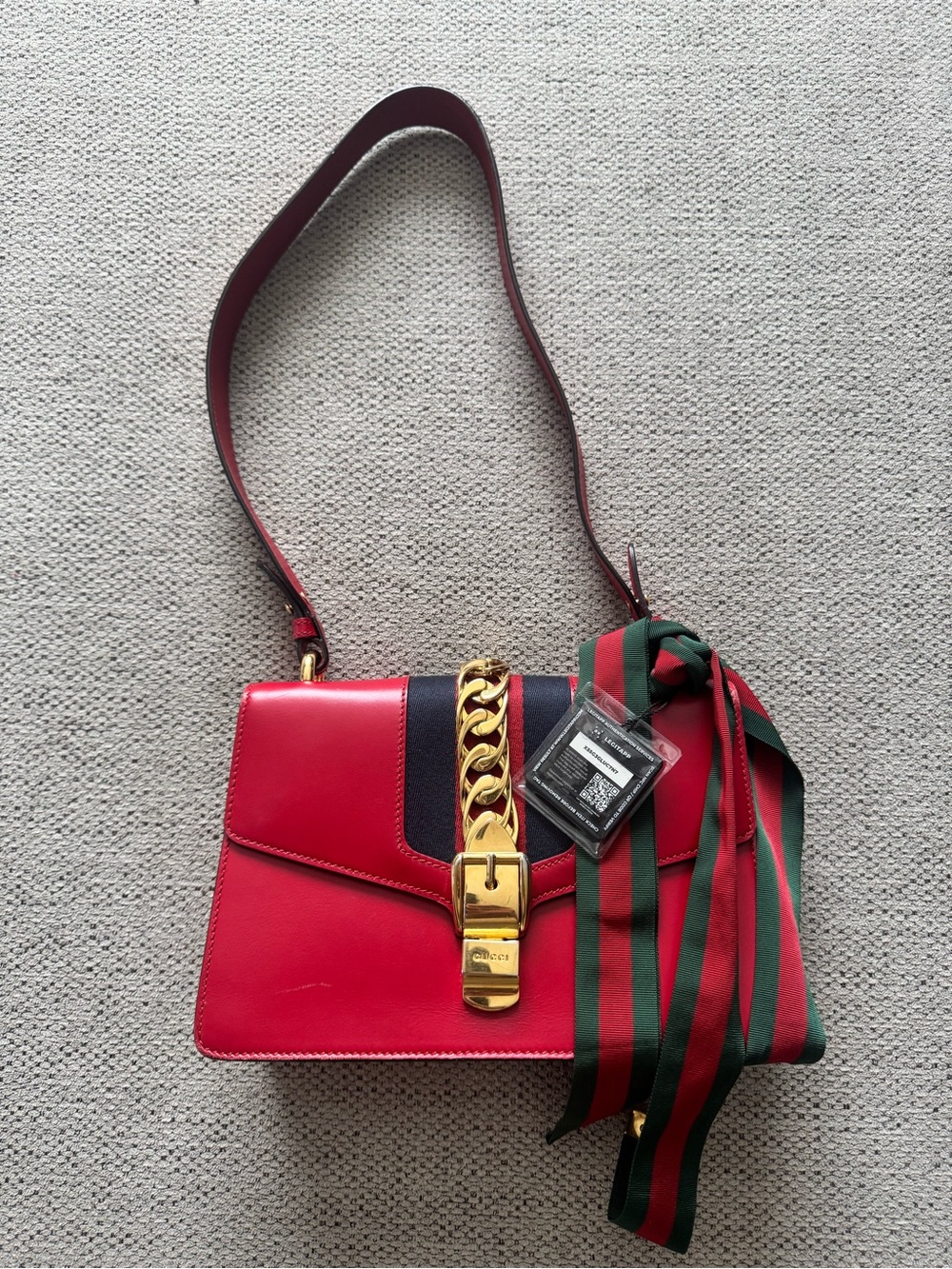 Gucci Sylvie Red Leather Shoulder Bag with Gold Chain and Striped Scarf Accent